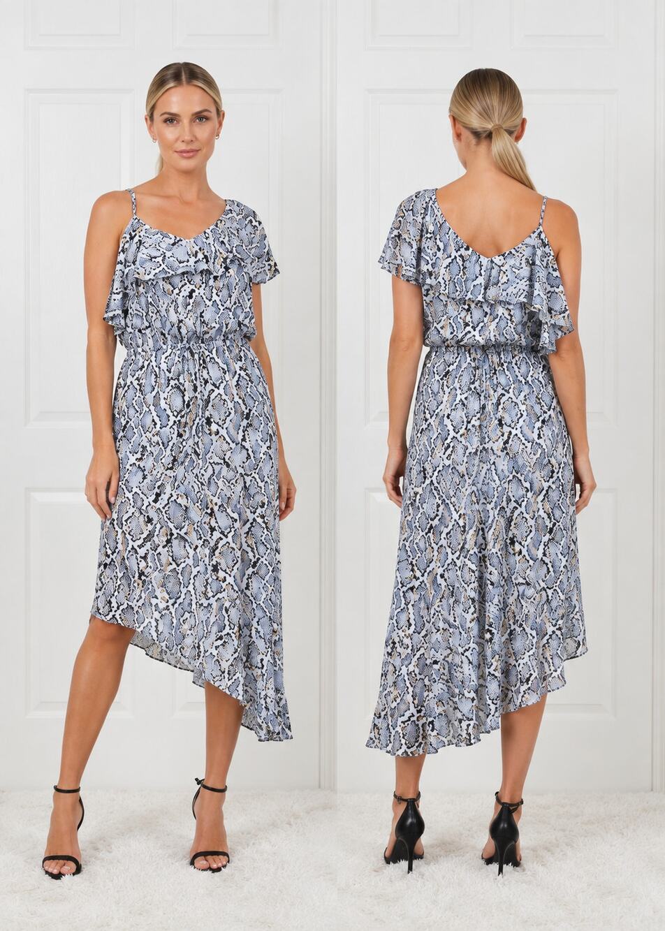 NWT Vince Camuto One Shoulder Ruffle Snake Print Asymmetrical Dress